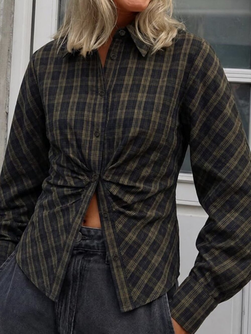 Plaid Ruched Button Down Blouse Puff Sleeve Twist Front Size L